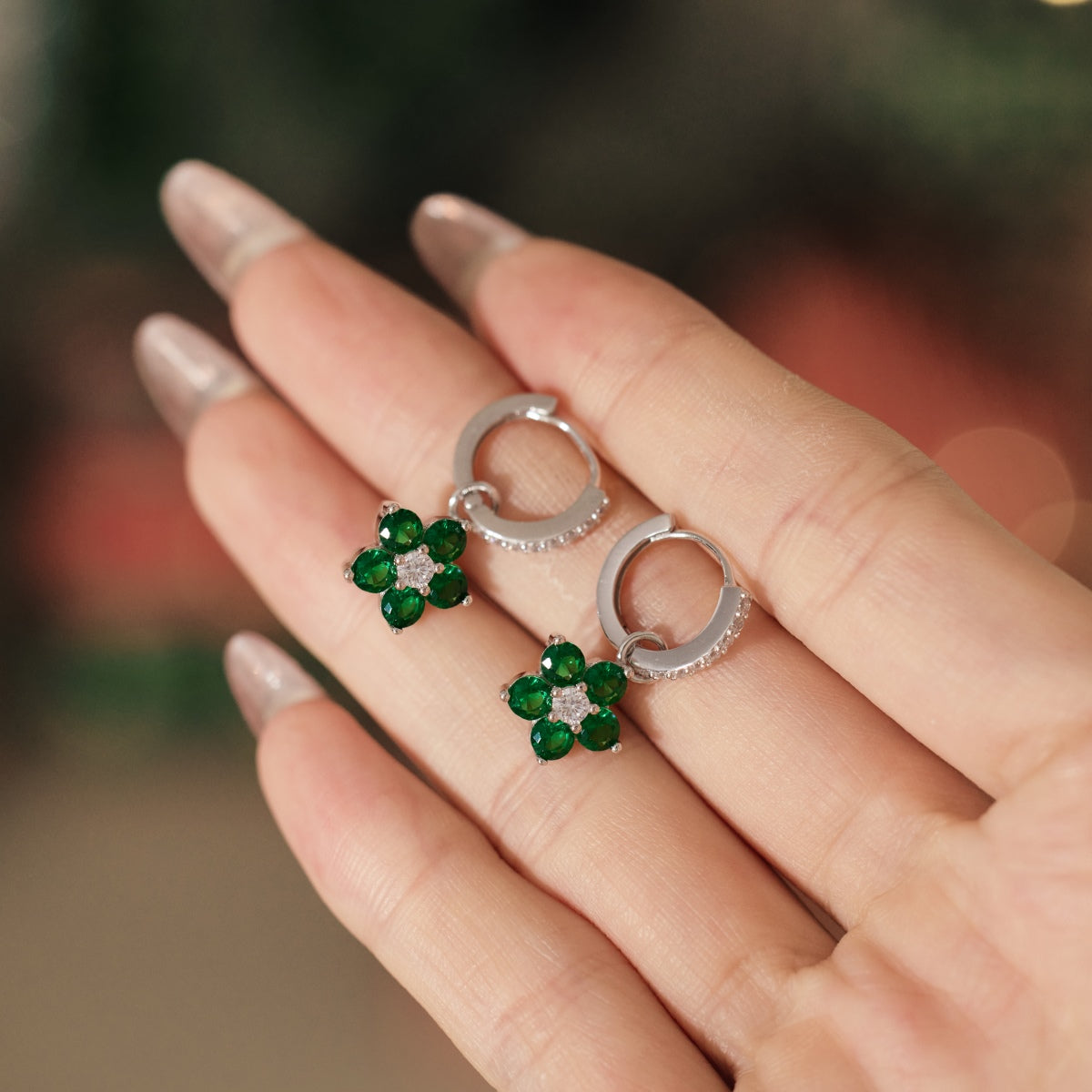 925 Silver Loop Star Earrings with Green 5A Gemstone