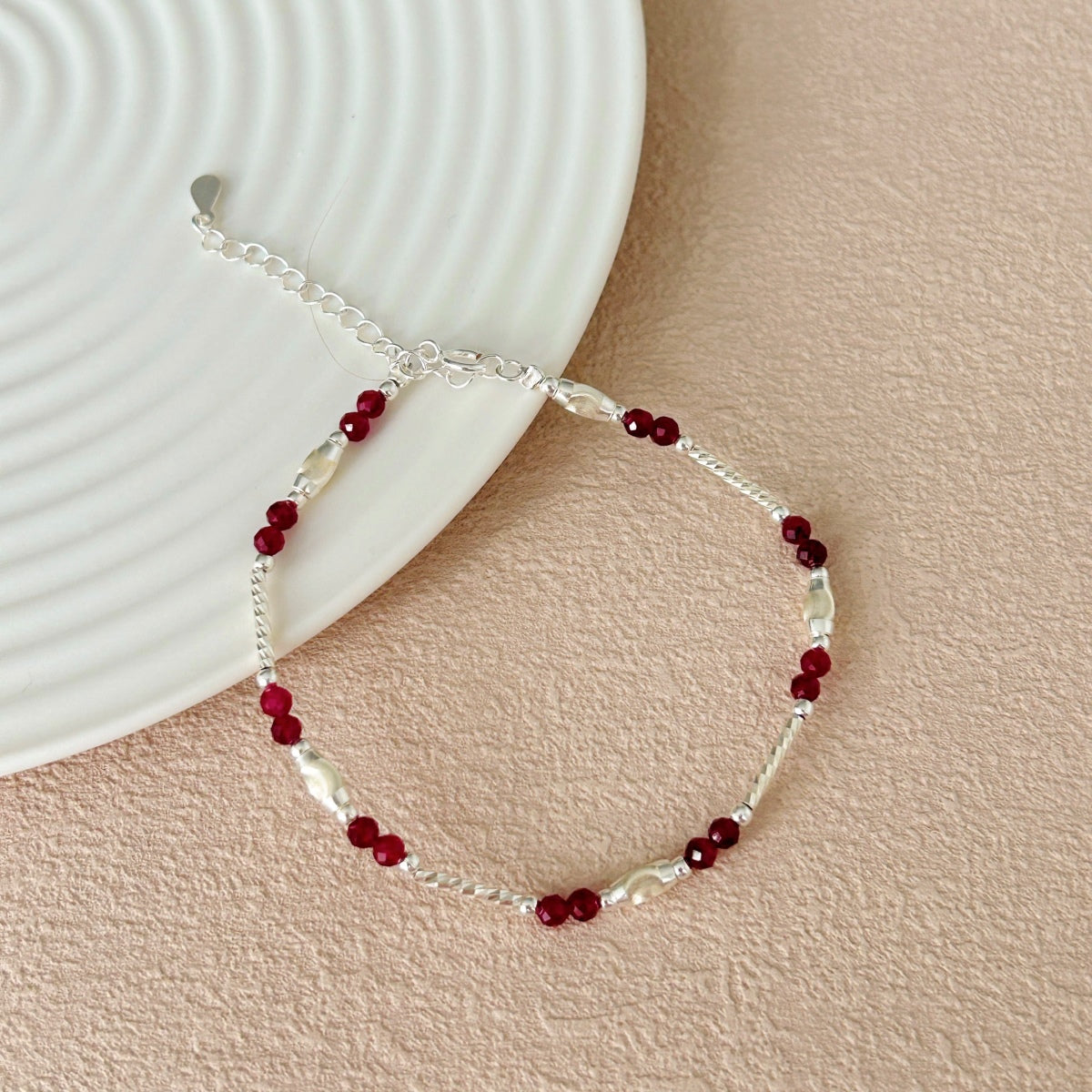 925 Silver Bracelet with Red Beads