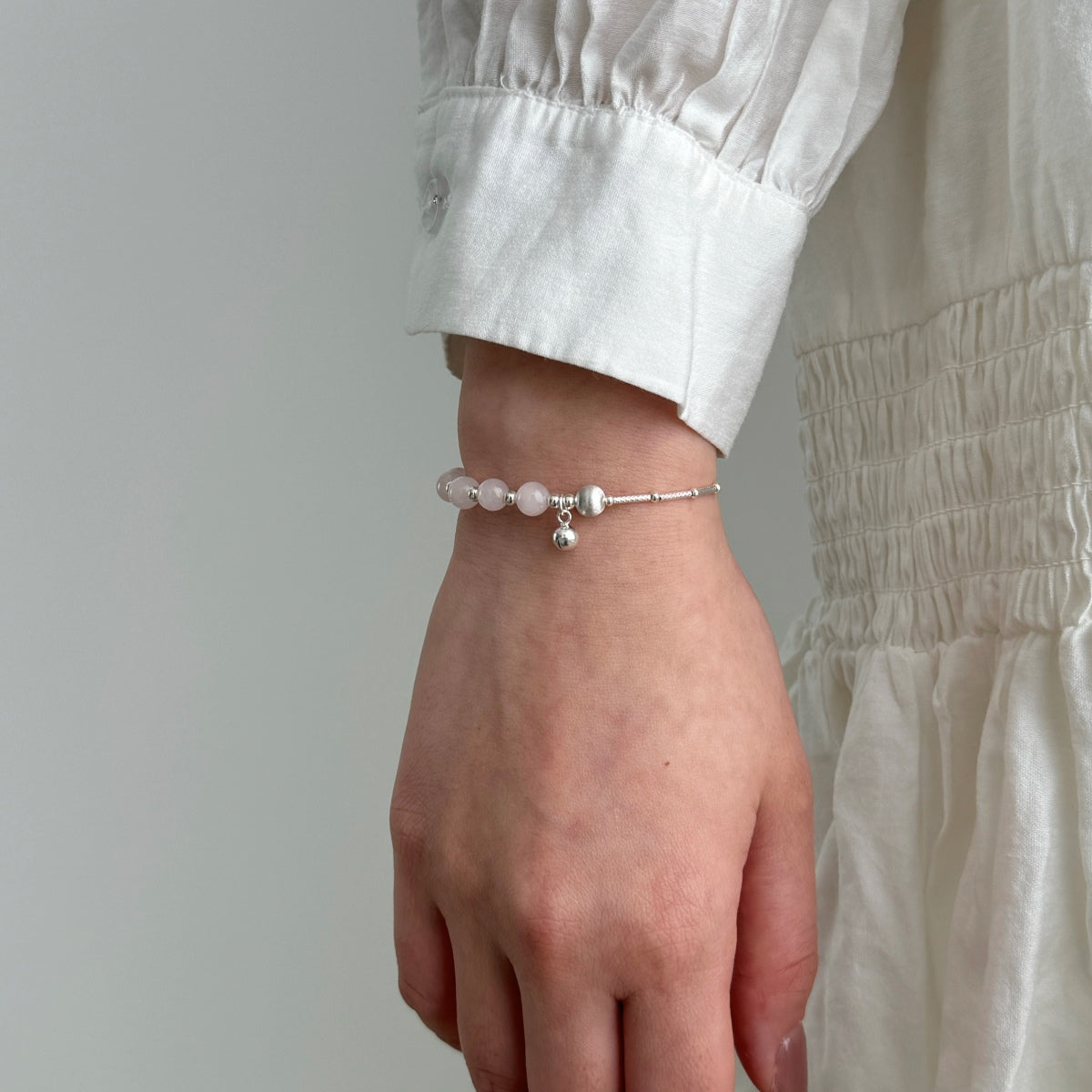 925 Silver Bracelet with Half Pink Beads