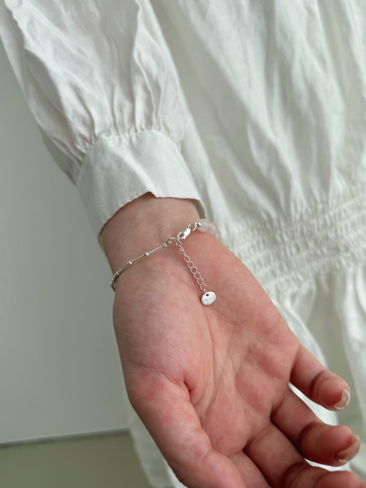925 Silver Bracelet with Half Pink Beads